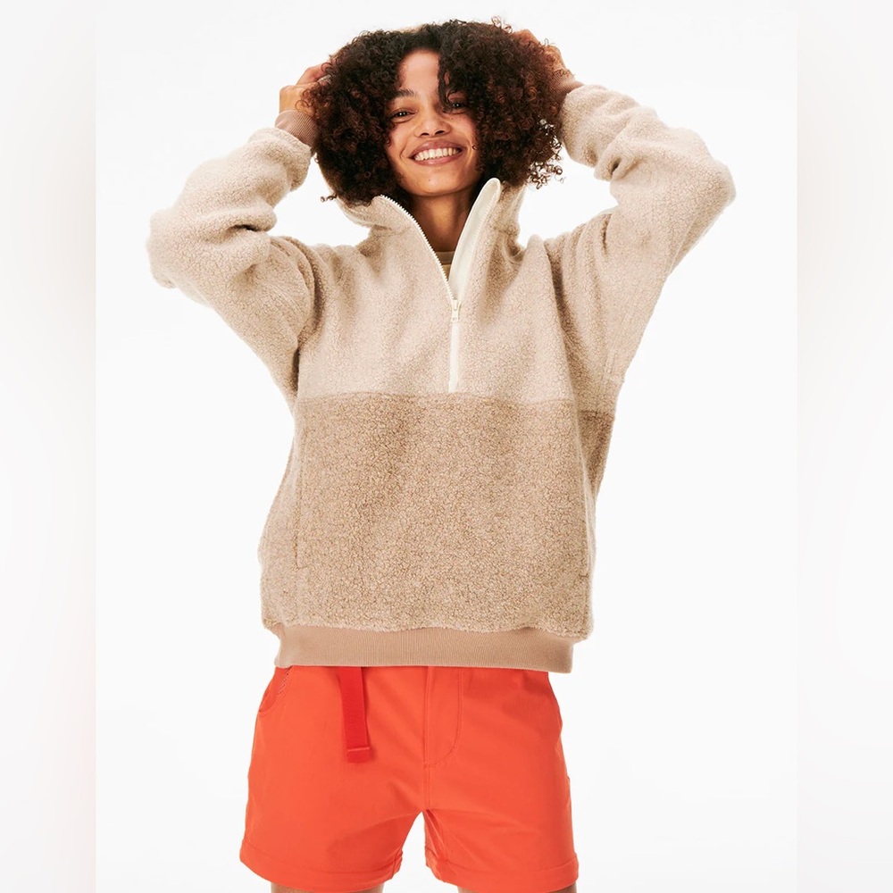 Outdoor Voices Mega Fleece 1/2 Zip Wool Hoodie Tan